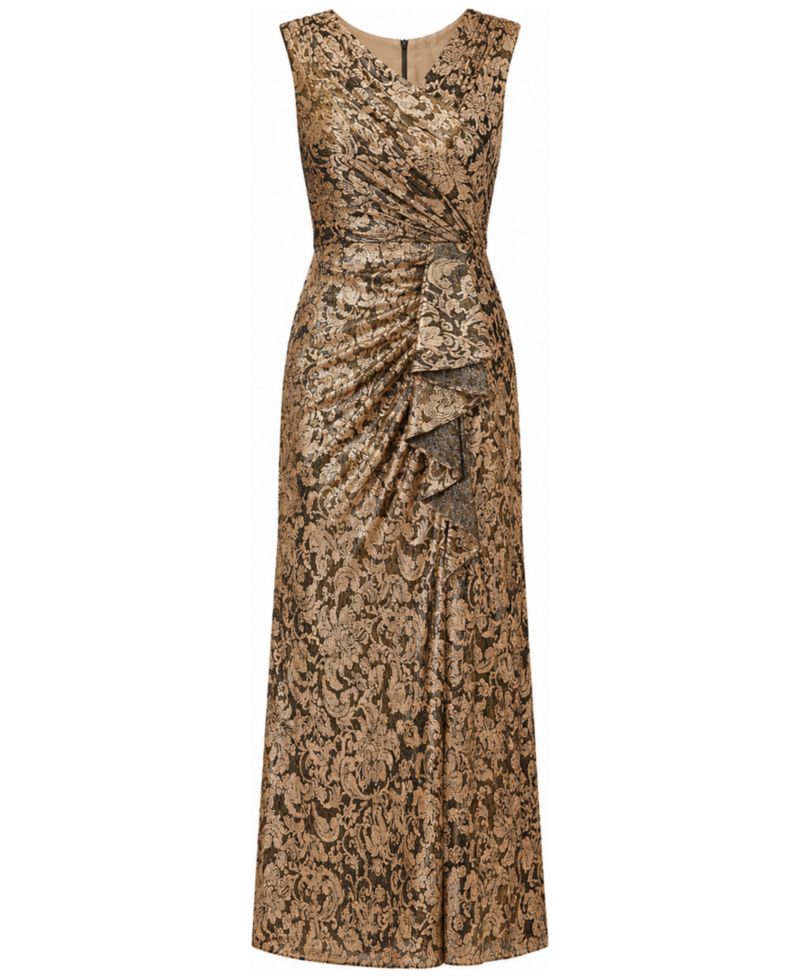 Women's Asymmetrical-Neck Metallic-Crinkle Wedding Guest Long Dress