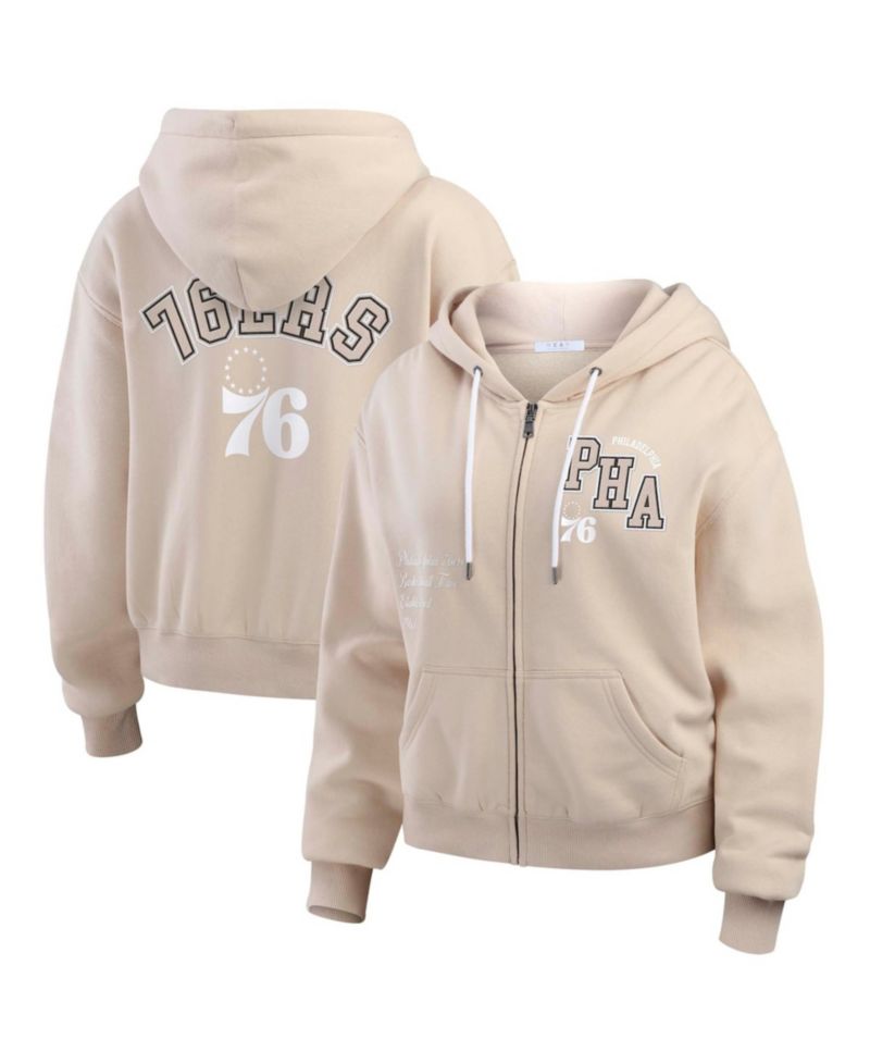 Women's Cream Philadelphia 76ers Plus Size Tonal Felt Patch Full-Zip Hoodie