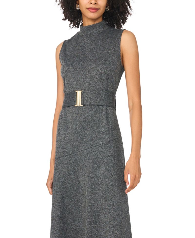 Women's High Mock-Neck A-Line Sleeveless Midi Dress
