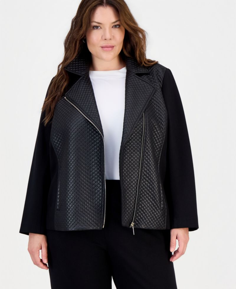 Plus Size Quilted Faux-Leather Motorcycle Jacket