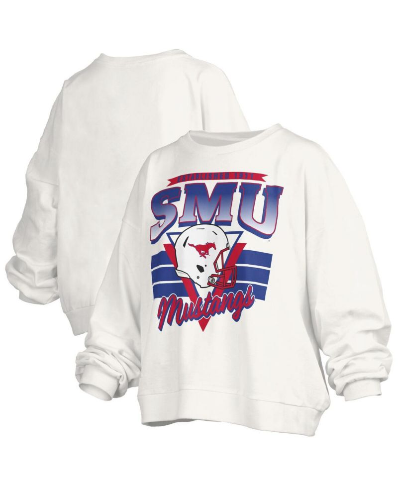 Women's White SMU Mustangs Oversized Janice Retro Waist-Length Pullover Sweatshirt