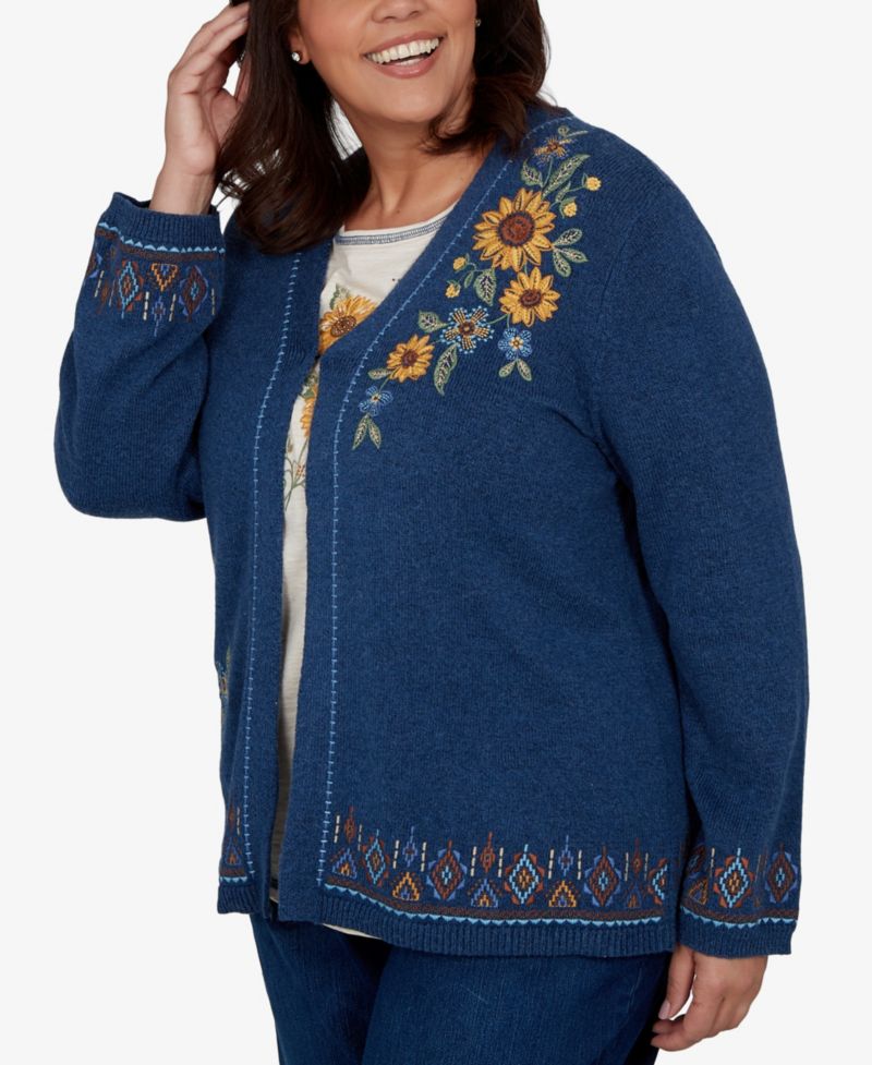 Plus Size V-Neck Long-Sleeve Floral-Embroidered Cotton-Blend Cardigan Sweater
