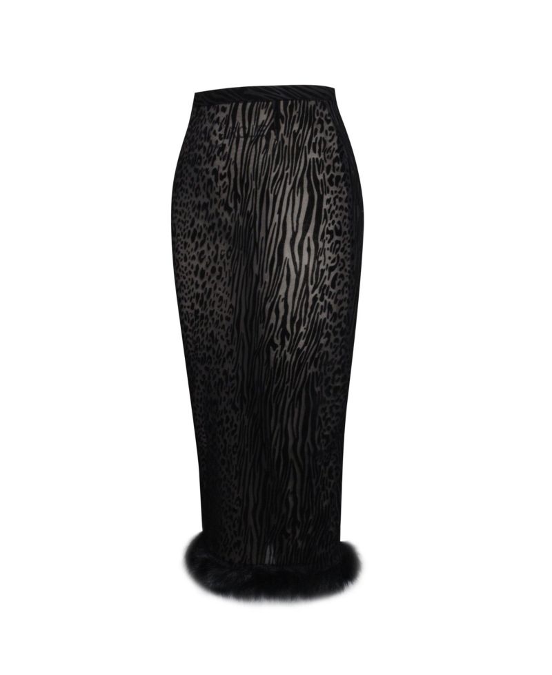 Women's Halia Black Animal Print Burnout Velvet Faux Fur Trim Skirt