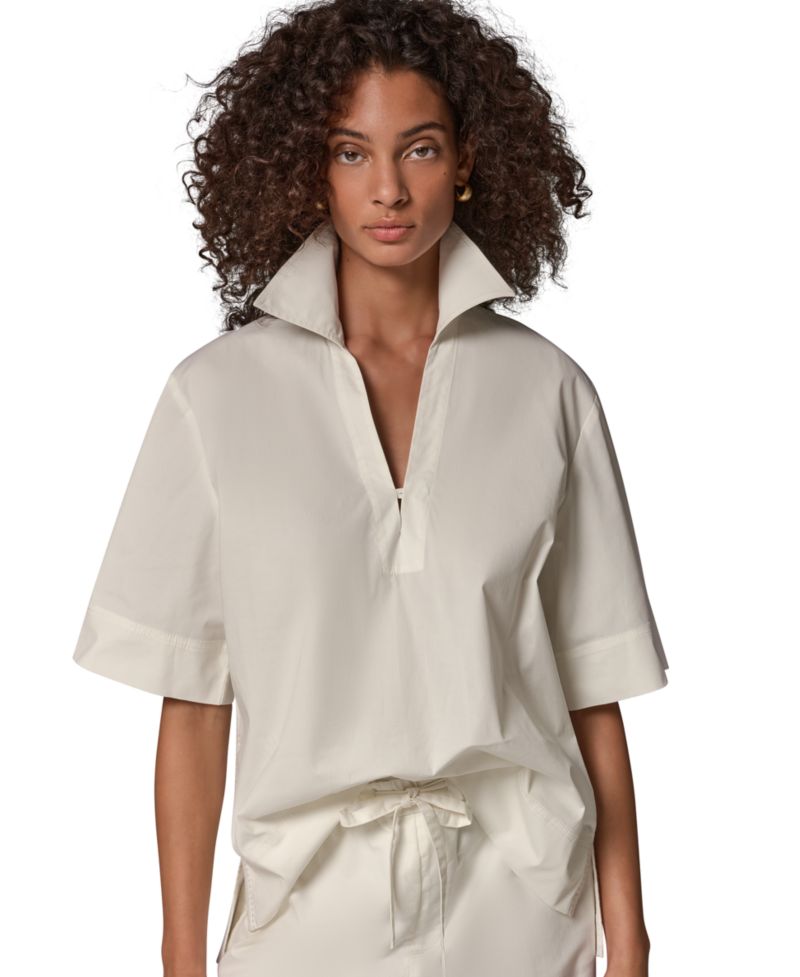Women's Poplin Short-Sleeve V-Neck Collared Blouse
