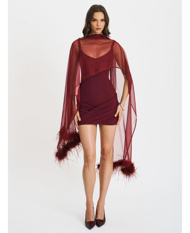 Women's Tori Wine Red Pleated Mini Dress with Chiffon Scarf