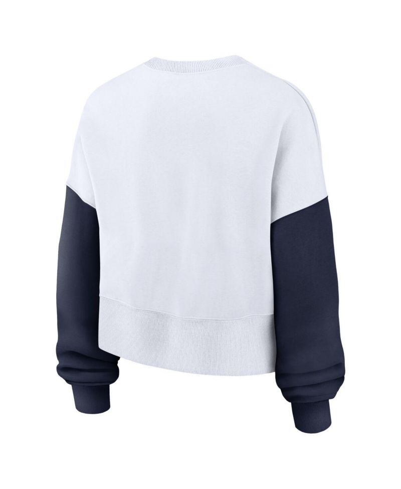 Women's White West Virginia Mountaineers Color-Block Oversized Cropped Pullover Sweatshirt