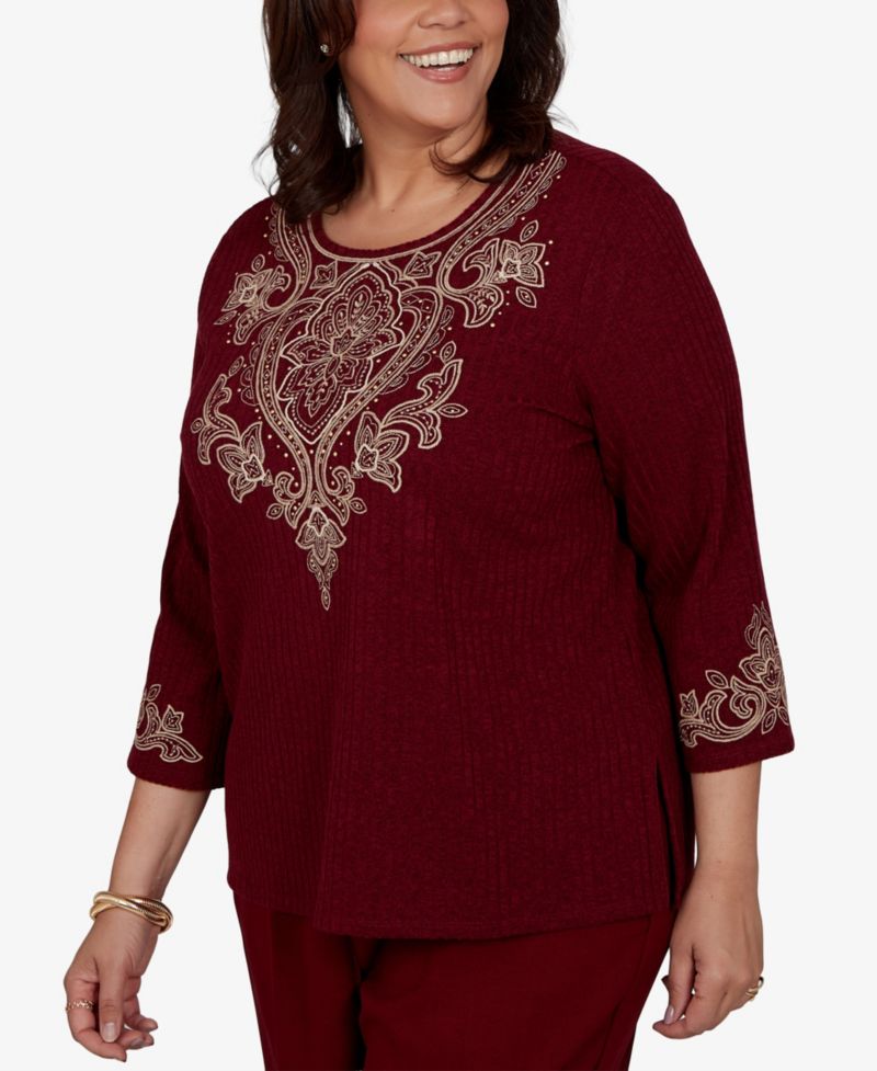 Plus Size Union Square Scroll-Embroidered 3/4 Sleeve Knit Top