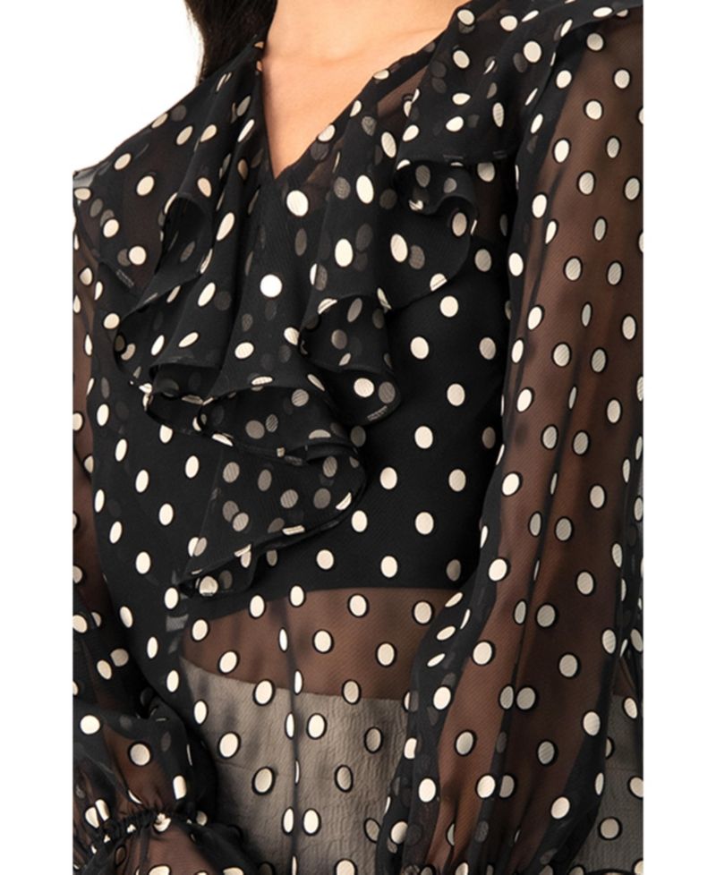 Women's See-Through Polka Dot V-Neck Blouse