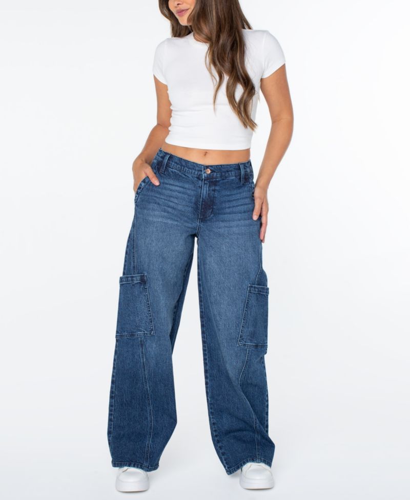 Juniors' Elastic-Back Mid-Rise Wide-Leg Cargo Jeans