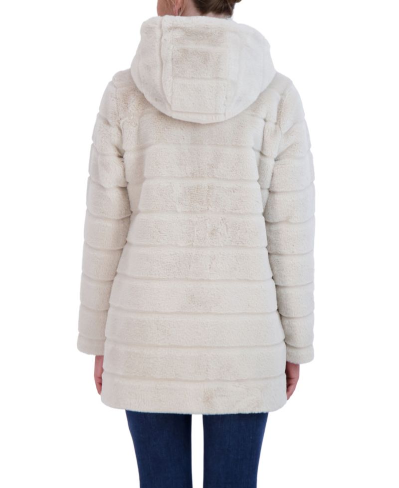 Women's Hooded Grooved Faux Fur Coat