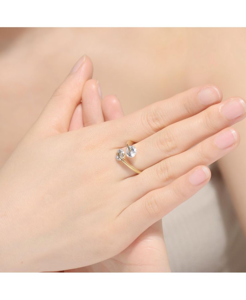 Modern Sterling Silver 14K Gold Plated with Double Clear Cubic Zirconia Bypass Ring
