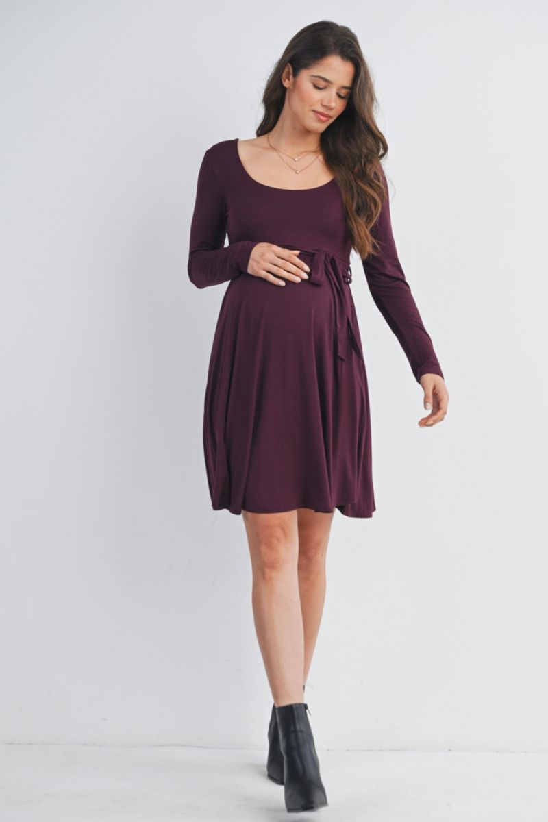 Women's Scoop Neck Long Sleeve Tie Waist Dress