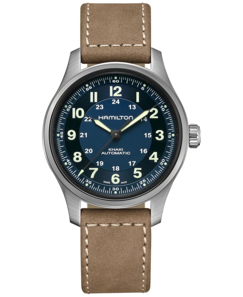 Men's Swiss Automatic Khaki Field Brown Leather Strap Watch 42mm