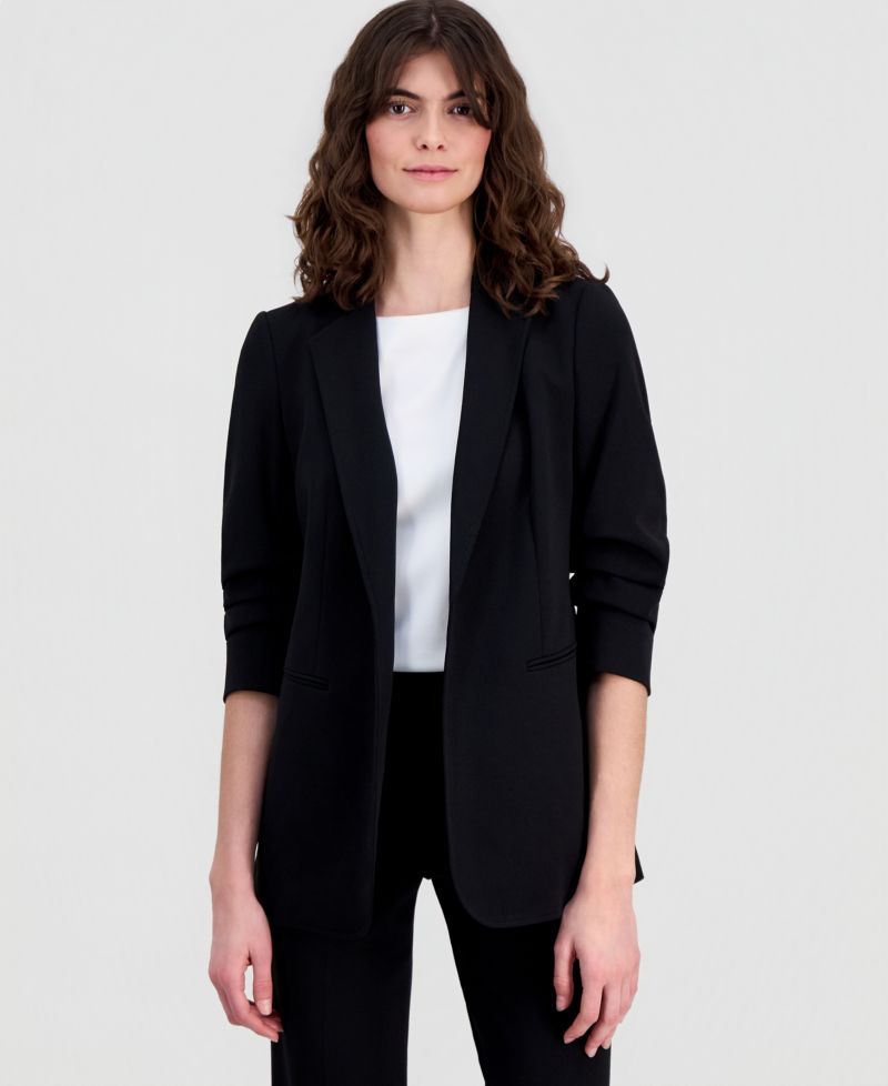 Women's Stretch Crepe Scrunch-Sleeve Open-Front Blazer