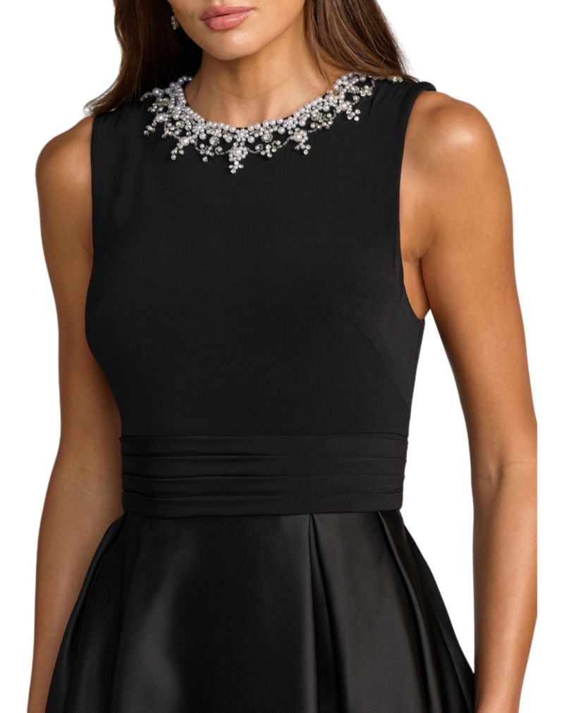 Women's Pearl-Embellished High-Neck Sleeveless A-Line Evening Gown
