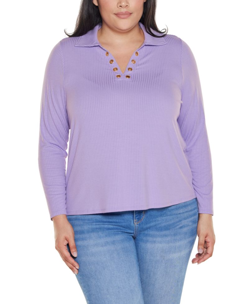 Plus Grommet-Trim Split-V Knit Top