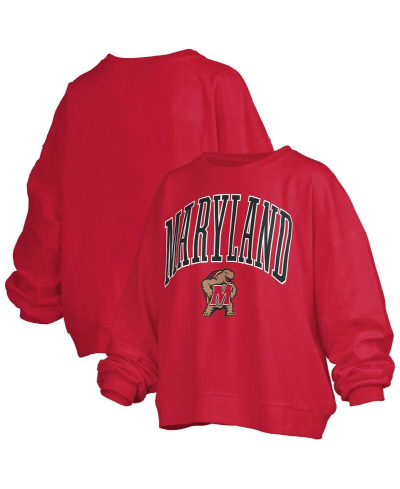 Women's Red Maryland Terrapins Janise Arch Over Logo Waist Length Oversized Pullover Sweatshirt