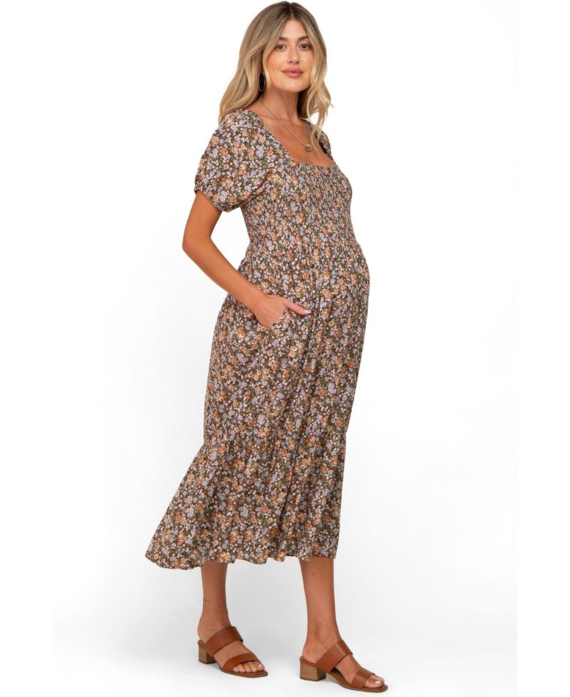 Women's Pink Floral Smocked Puff Sleeve Midi Dress