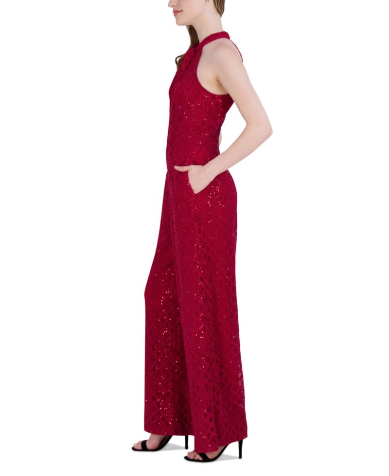 Women's Sequin-Lace Halter Twist-Neck Jumpsuit