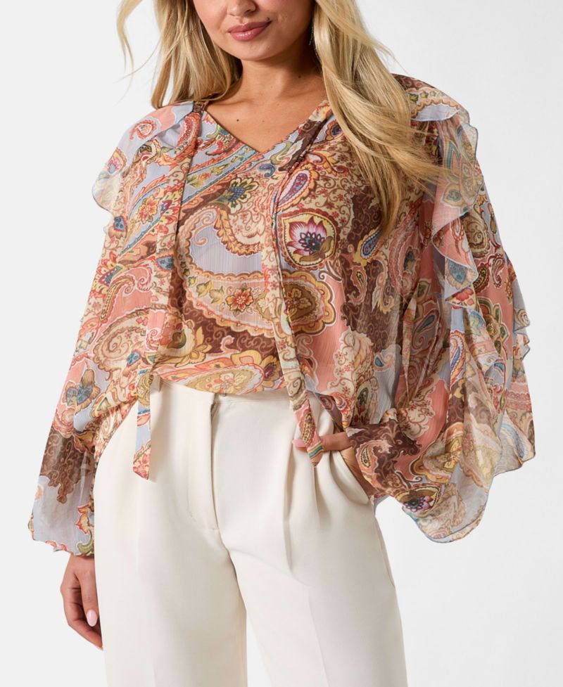 Women's Paisley Ruffle Long-Sleeve V-Neck Top