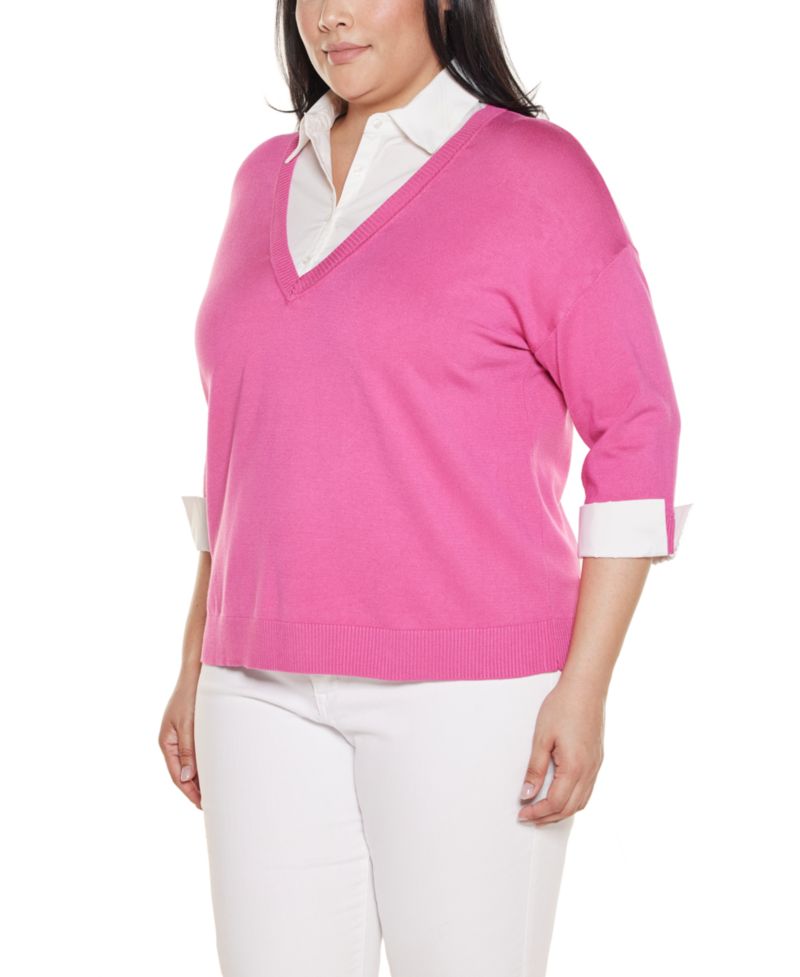 Plus Size Woven-Collar Twofer Sweater
