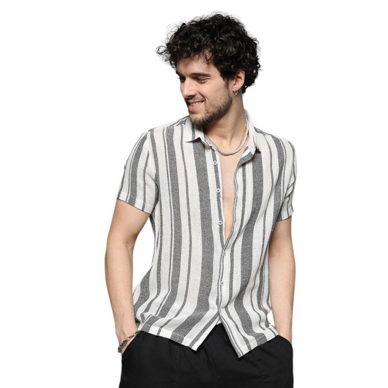Men's White & Grey Unbalanced Striped Woven Shirt