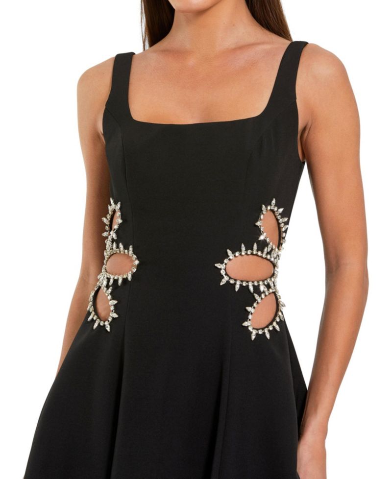 Women's Sleeveless Crepe Rhinestone Cutout Midi Dress
