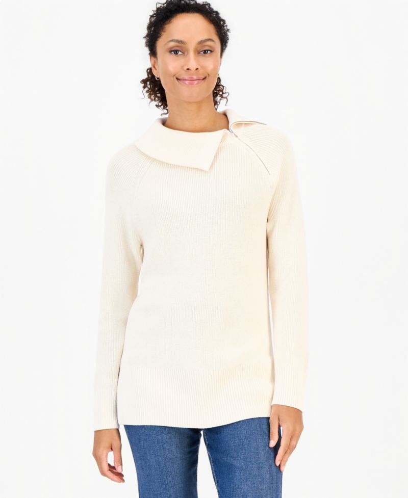 Petite High-Neck Zip Cotton Sweater