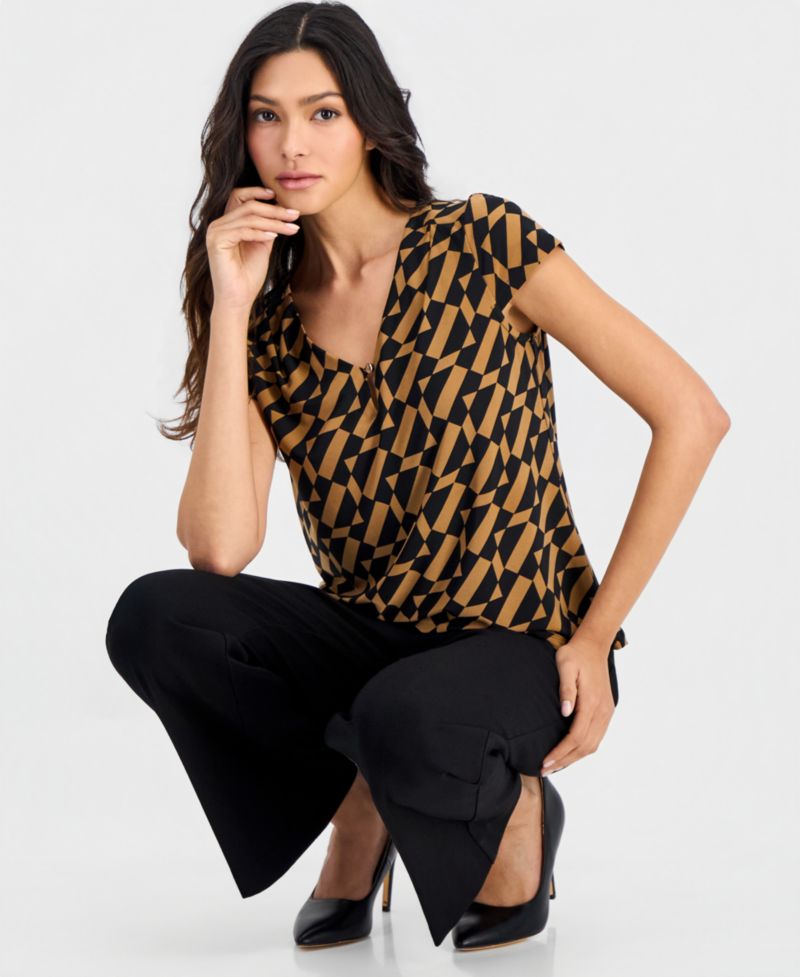Plus Size Printed V-Neck Short-Sleeve Top