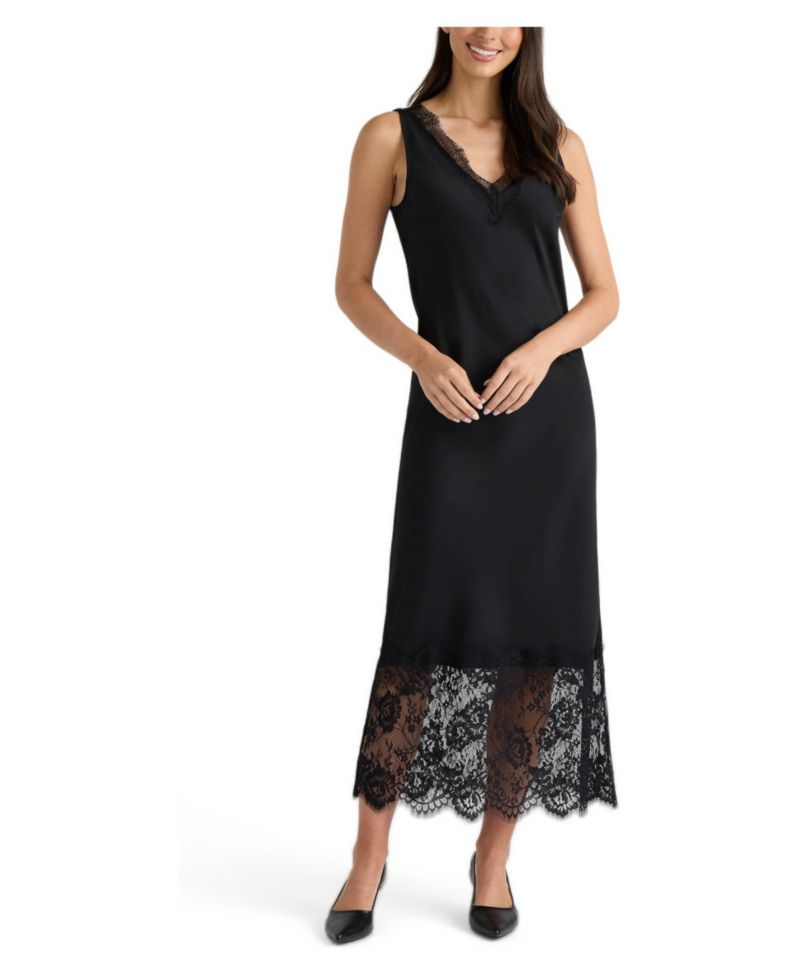 Women's V-Neck Lace-Trimmed Midi Dress