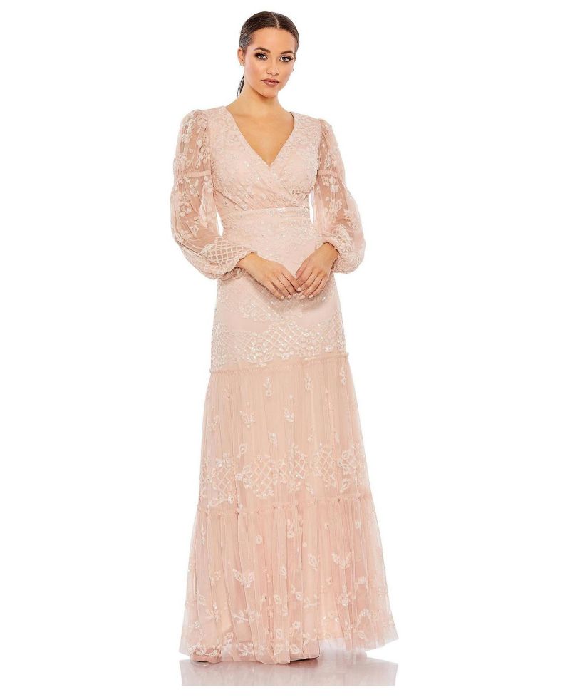 Women's Sequined Tiered Wrap Over Puff Sleeve Gown