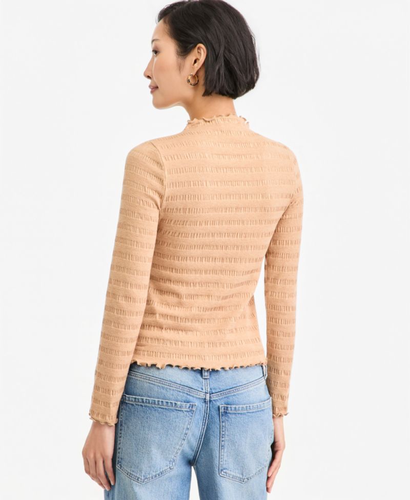 Plus Size Long-Sleeve Funnel Neck Puckered-Rib Top