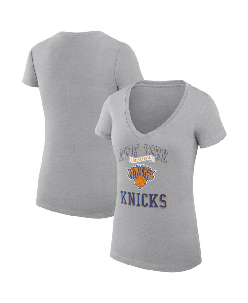 Women's Heather Gray New York Knicks Super-Slim Fit Lightweight Team Logo V-Neck T-Shirt