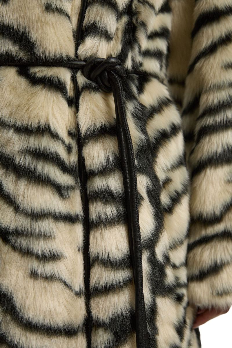 Women's Faux Fur Collarless Tie Belted Midi Coat
