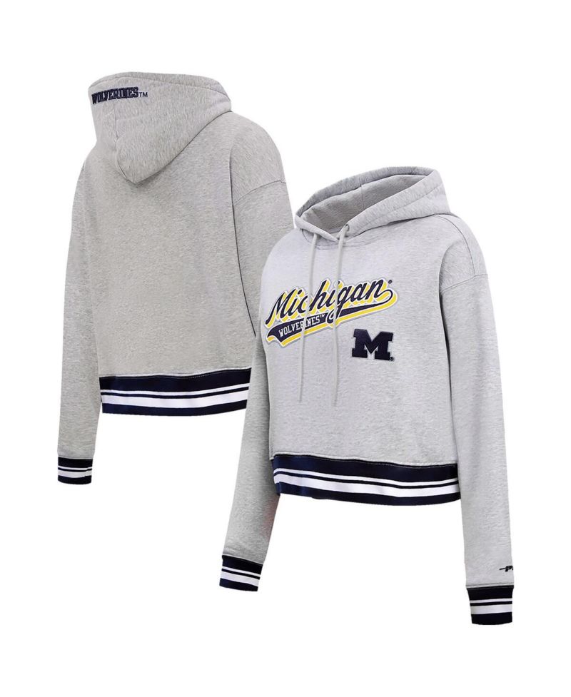 Women's Heather Gray Michigan Wolverines Script Tail Fleece Cropped Pullover Hoodie