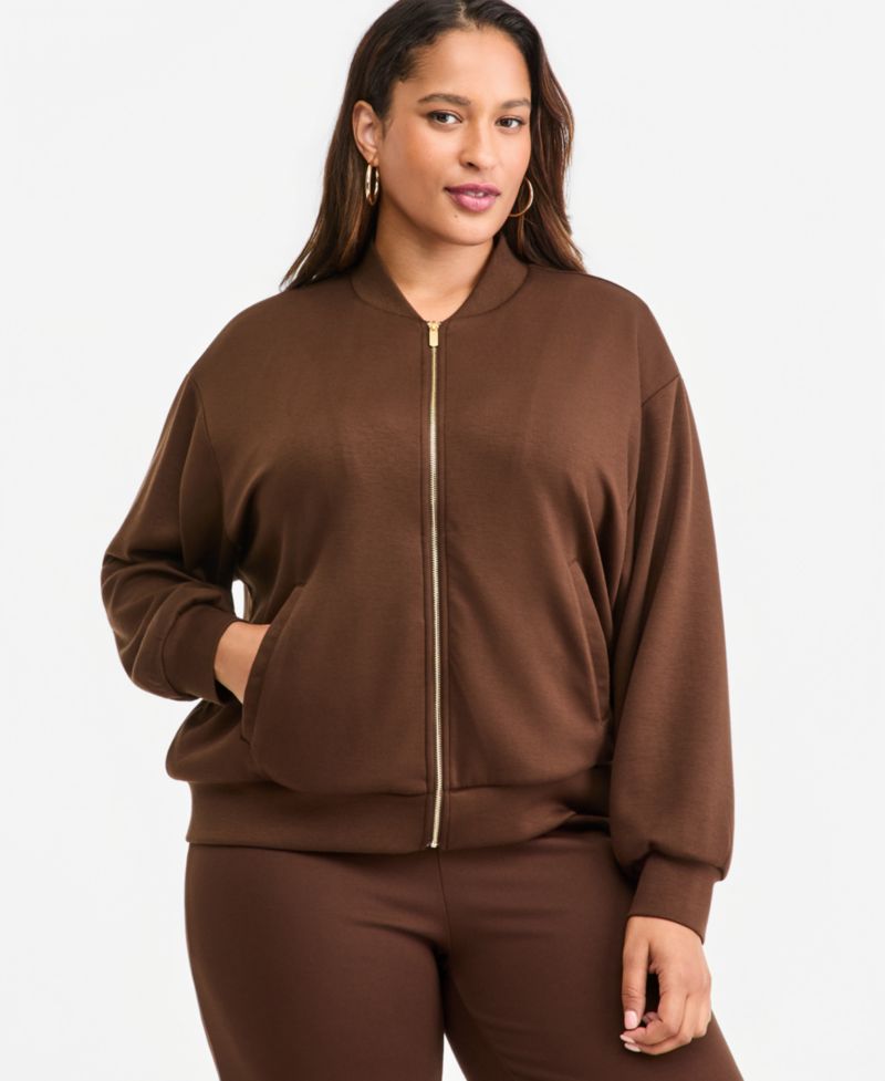 Plus Size Zip-Up Ribbed-Cuff Bomber Jacket