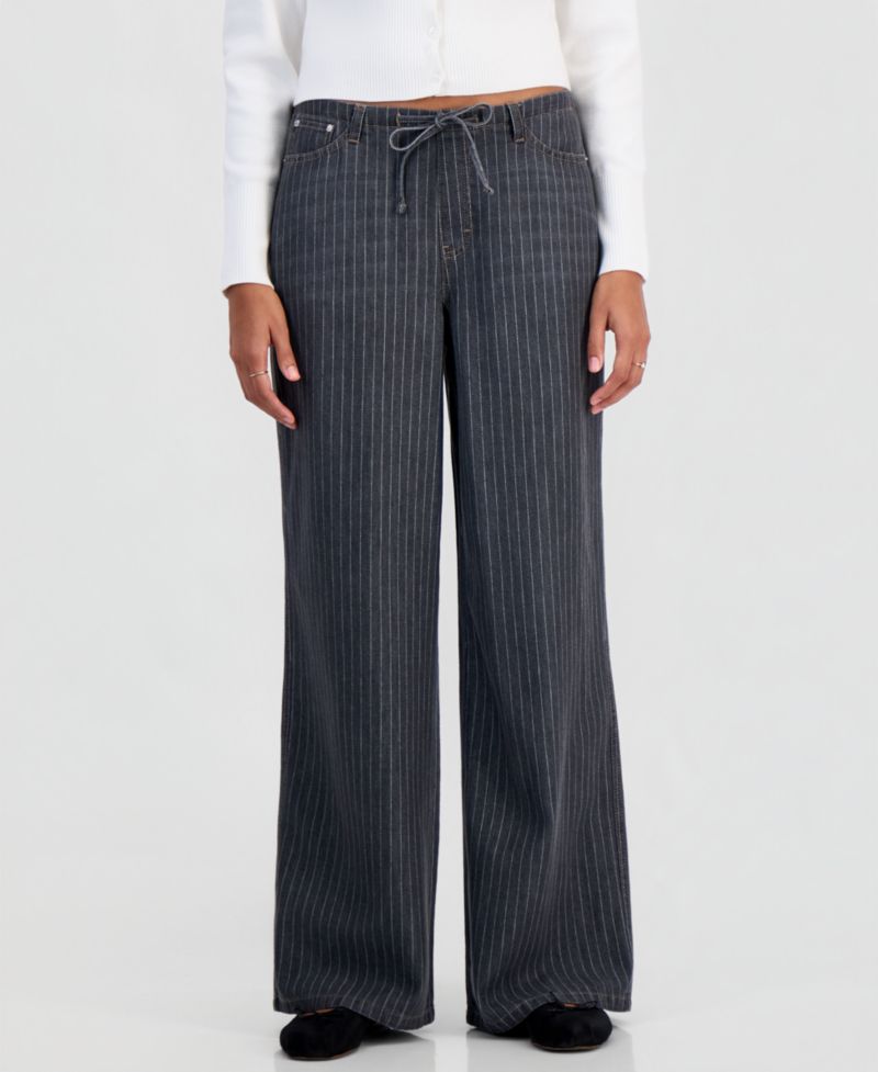 Juniors' Pinstripe Wide-Leg Pull-On Jeans