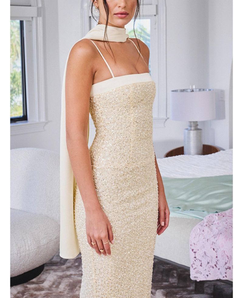 Women's Raizel Gold Beaded Sequin Bodycon Gown with Scarf