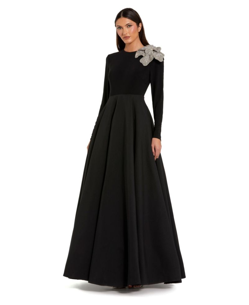 Petite Long Sleeve Taffeta 3D Flower Ball Gown