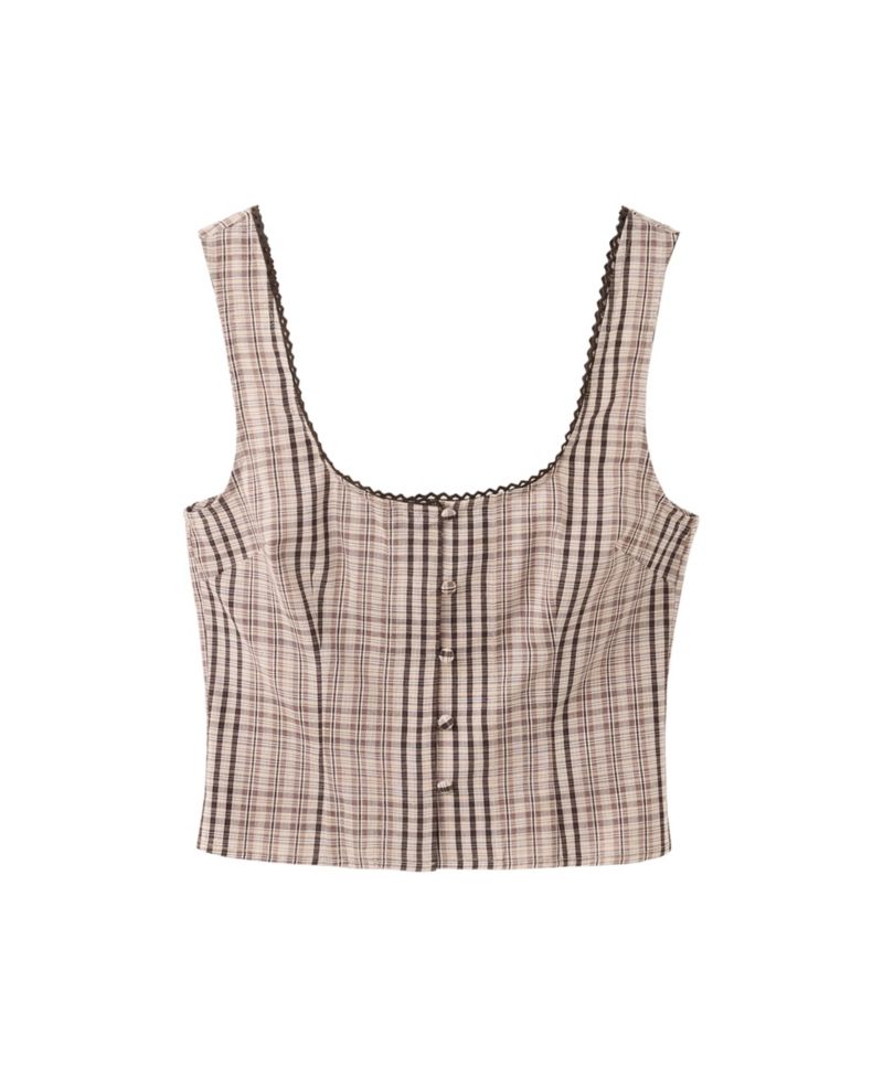 Women's Plaid Square Neck Cropped Cotton-Blend Top