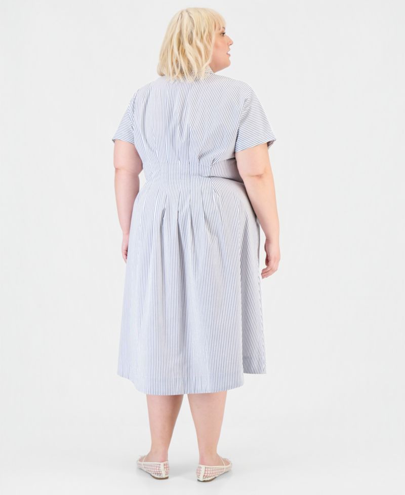 Trendy Plus Size Pinstriped Pleated-Waist Midi Shirtdress