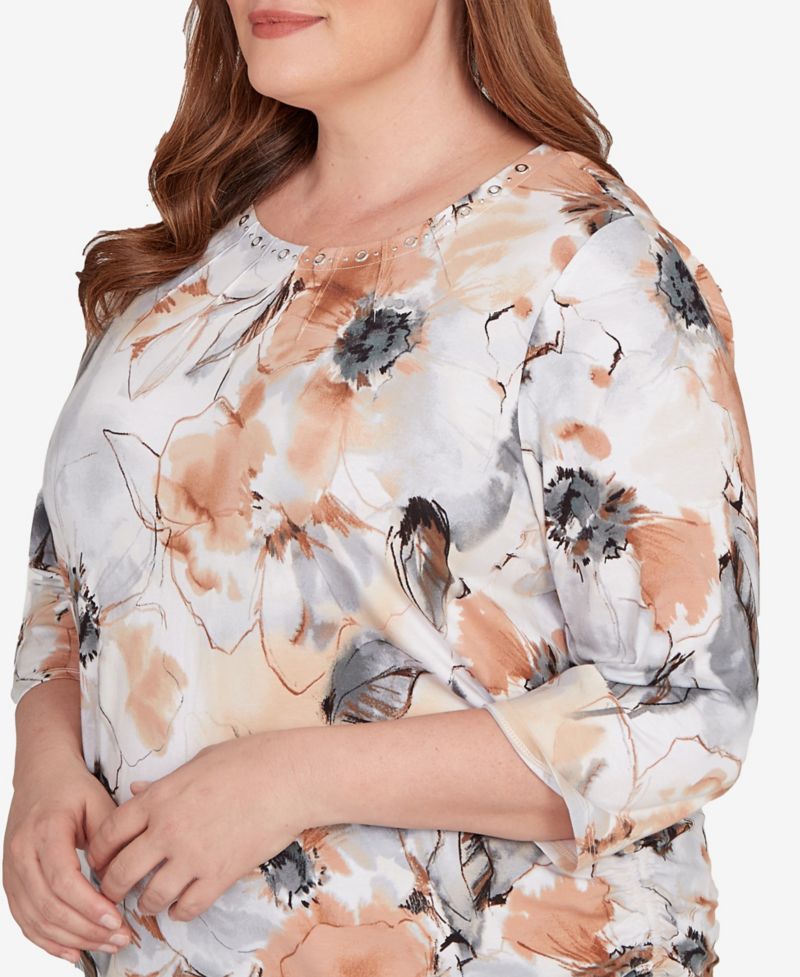 Plus Size Watercolor Floral Gathered Sides Crew Neck Top