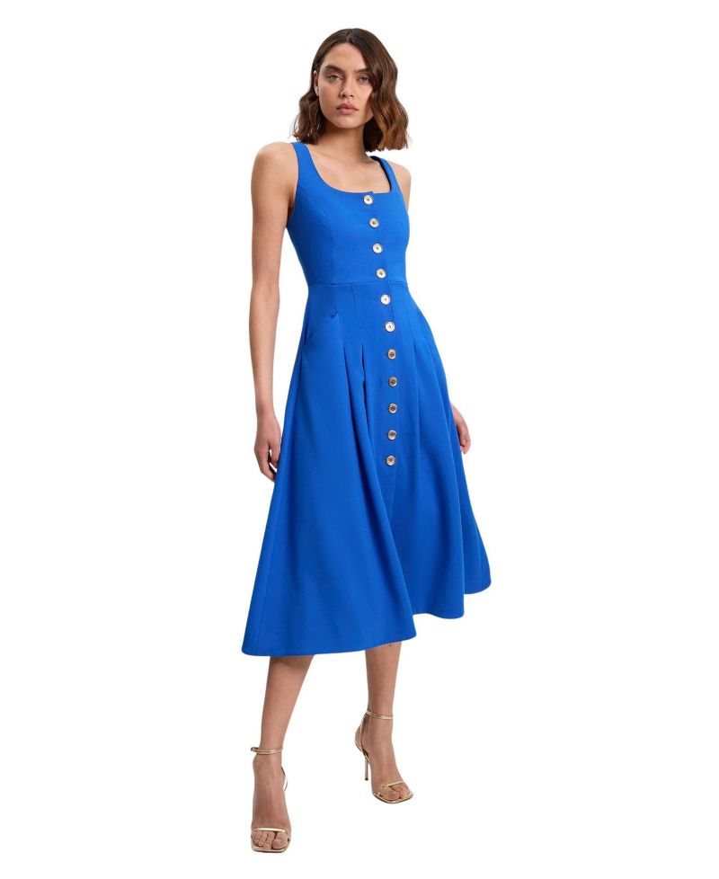 Women's Square Neck Button-Front Midi Dress