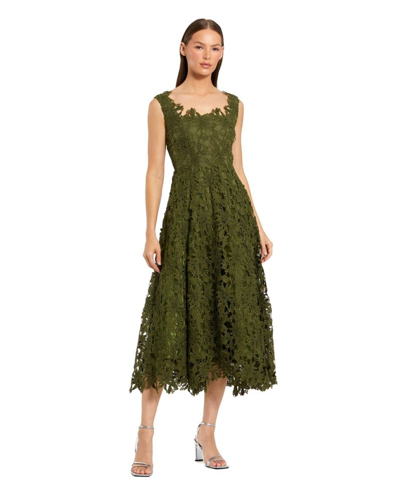 Women's Sleeveless Embroidered Lace A Line Midi Dress