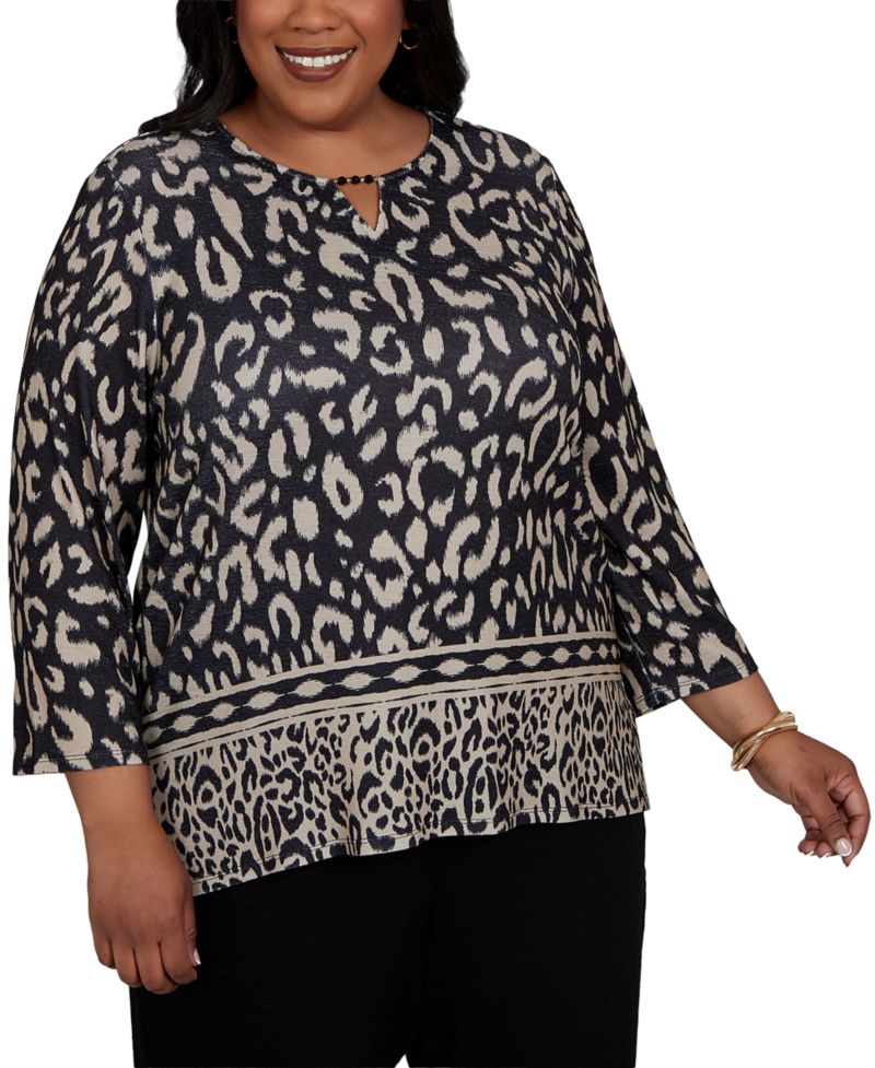Plus Size Travel Advisory Animal-Print 3/4-Sleeve Split-Neck Top