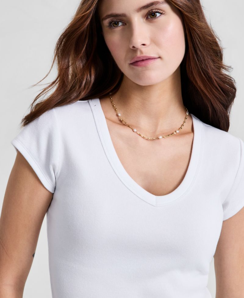 Women's V-Neck Rib-Knit Short-Sleeve T-Shirt