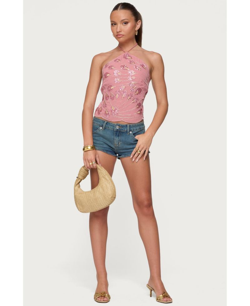 Women's Embroidered Bead and Sequin Halter Top