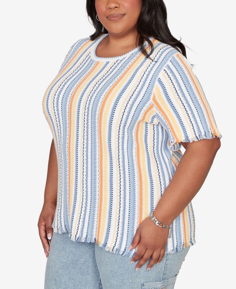 Plus Size Out of the Blue Textured Fringe Stripe T-Shirt