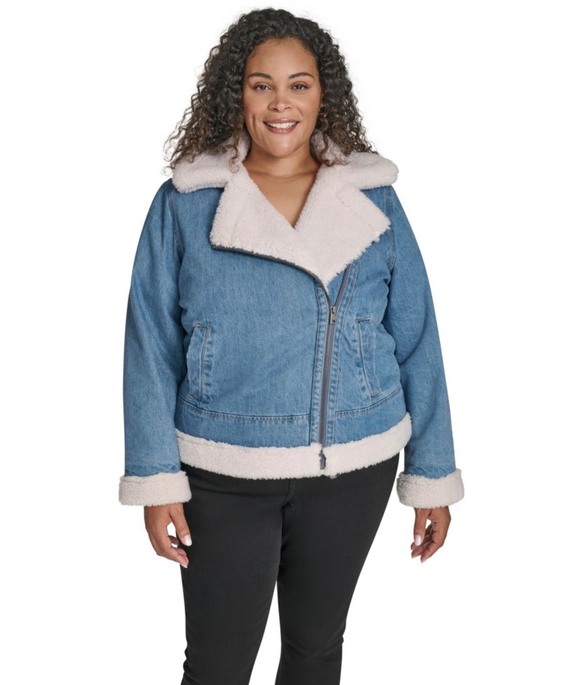 Plus Size Denim Laydown Collar Moto Jacket