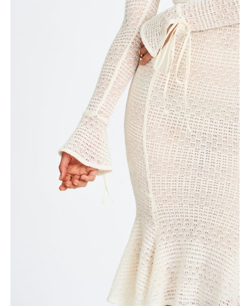 Women's Pamina Beige Crochet Long Sleeve Flare Mermaid Dress
